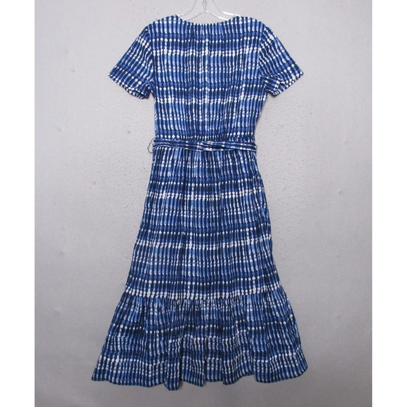 J.Crew Dress 6 Blue Tie Dye Shibori Print Midi Belted Pockets Boho Tiered Beachy - Picture 2 of 11
